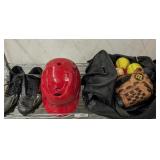 SOFTBALL CLEATS, HELMET, GLOVE AND BALLS