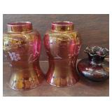 PAIR ETCHED CRANBERRY HURRICANE SHADES, VASE