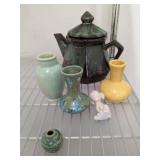 VASES, GLAZED CERAMIC TEA POT, MISC