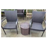 RESIN WICKER ARM CHAIRS AND SIDE TABLE