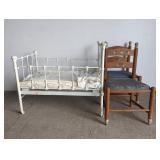 WROUGHT IRON BABY DOLL BED & (2) CHILDREN CHAIRS