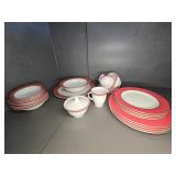 26 PC. FLAMINGO PINK & GOLD RIM PYREX DINING SET