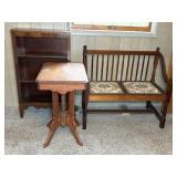 EASTLAKE PARLOR TABLE, BOOKCASE, WOODEN BENCH