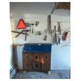 3 DOOR CABINET, WOOD TOOL BOX, HAND TOOLS ON WALL