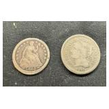 1853 HALF DIME & 1965 3 CENT NICKEL