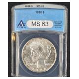 1928 PEACE SILVER DOLLAR (ANACS) MS 63