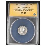 148 AD ROMAN ANTONINUS AR DENARIUS (ANACS)  EF45