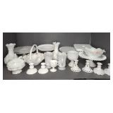 MILK GLASS CAKE STANDS, VASES, DISHES