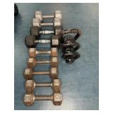 (9) DUMBBELLS, (3) KETTLE BELLS - ASSORTED WEIGHTS