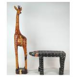 Carved Giraffe and Stool Lot