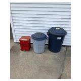 2 plastic garbage cans and a metal container