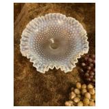 Blue opalescent hobnail dish with grapes