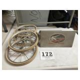 Set of 4 older buggy wheels and boat motor