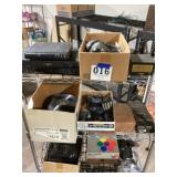 Electronics lot and old Edison records. Rack not