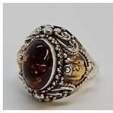 Sterling Silver, Gold & Amber Ring