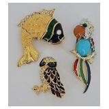 3 Old Rhinestone + Enamel Figural Pins