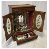 Oak Jewelry Box With Costume Jewelry & Watches