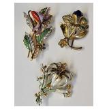 (3) Rhinestone & Enamel Flower Brooches