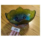 Green & Blue Iridescent Footed Glass Fruit Bowl