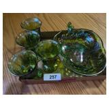 Green Iridescent Stemmed Glasses & Fruit Bowl