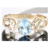 10K YELLOW GOLD BLUE TOPAZ FILIGREE LADIES RING