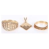 14K GOLD RICCIO MESH RINGS AND PENDANT - LOT OF 3