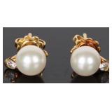 18K YELLOW GOLD PEARL DIAMOND LADIES EARRINGS