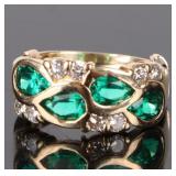 14K YELLOW GOLD EMERALD DIAMOND LADIES RING