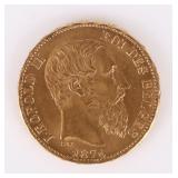 90% GOLD 1876 BELGIUM LEOPOLD II 20 FRANC COIN MS