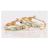 14K YELLOW GOLD DIAMOND EMERALD J HOOP EARRINGS