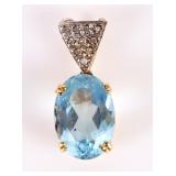 14K YELLOW GOLD BLUE TOPAZ DIAMOND PENDANT