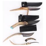 ANTLER HANDLE HANDMADE KNIVES W/ SHEATHS (4)