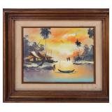 OIL ON CANVAS OF A SUNSET IN TROPICAL CANAL FRAMED