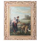 IRISH COUNTRYSIDE OIL PAINTING W/ CHILDREN & SHEEP