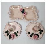 Porcelain Pink & Gold Candle Holders w/Roses/Tray