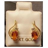 Orange Citrine Rhinestones on 10K Gold Earrings