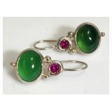 Celtic Green Onyx&Pink Garnet Ear St Sterlg Silver