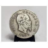 1869 Italy Milan Silver 5 Lire Vittorio Emmanuel I