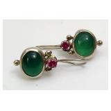 Celtic Green Onyx&Pink Garnet Ear St Sterlg Silver