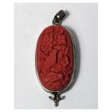 Red Carved Cinnabar Bird & Flowers Pendant SterliG