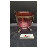 Vintage cranberry red etched glass bowl & stand