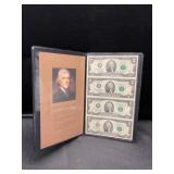 Uncut Sheet of 4 $2.00 Bills with Jefferson print