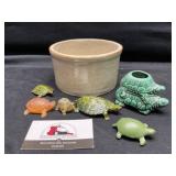 Stoneware crock and turtles