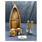 Wooden boat shelf and salt and pepper shakers