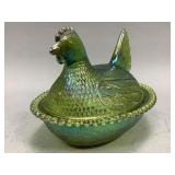 IndianaGlass Green Iridescent Carnival Hen on Nest