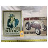 US ARMY METAL SIGN; FORD FARMING METAL SIGN