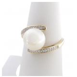 14K Yellow Gold Cultured Pearl, Diamond Ring