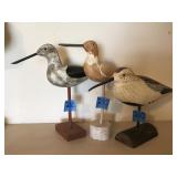 3 Wooden Carved & Painted Bird Decoys On Stands