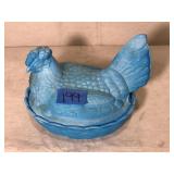 Vintage Aqua Blue Glass Hen on Nest Dish 8"W