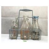 Vintage Glass Milk Bottles & Metal Carrier